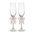 Clear Champagne Glass with Pink Bow on Stem, Set of 2