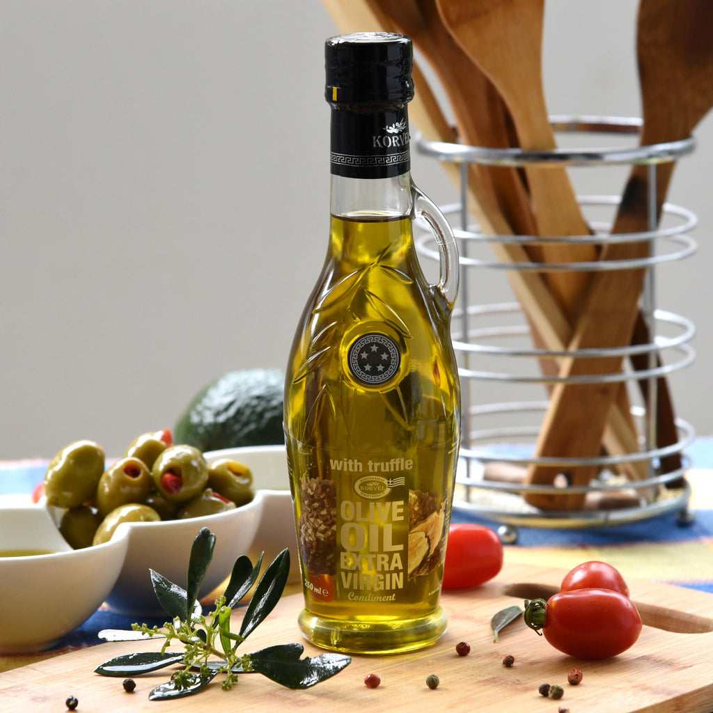 KORVEL Greek Olive Oil Set - 4 Flavors in Elegant Bottles