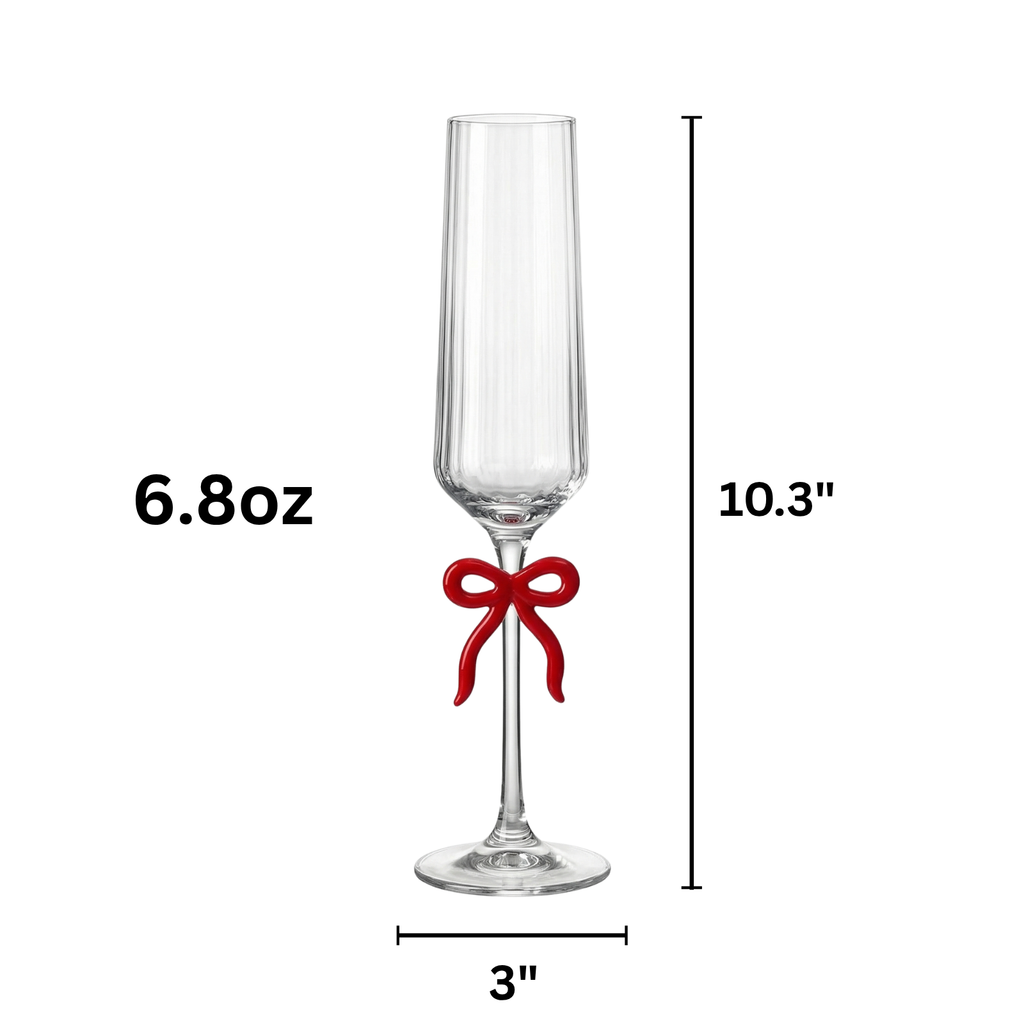 Clear Champagne Glass with Red Bow on Stem, Set of 2