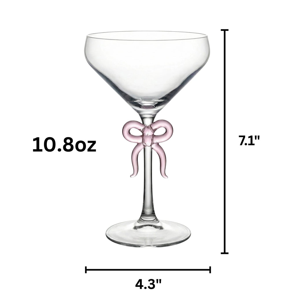 Clear Martini Glass with Pink Bow on Stem, Set of 2