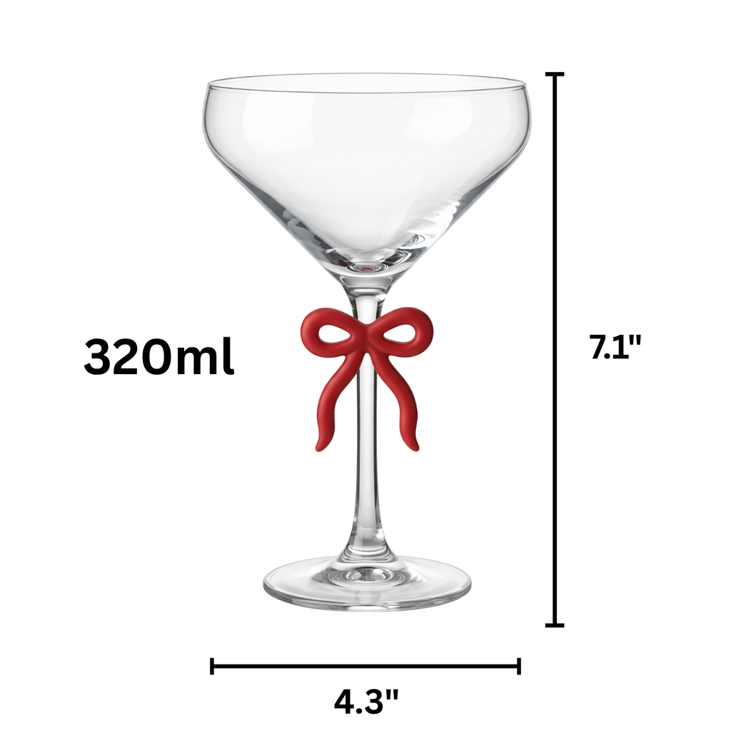 Single Clear Martini Glass with Red Bow on Stem, One Piece